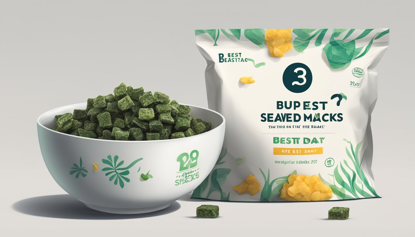 A bowl of expired seaweed snacks next to a "best by" date on the packaging, with a question mark above it