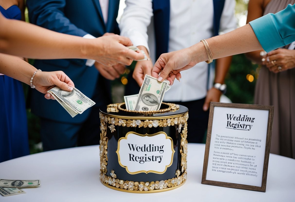 Guests placing cash and checks into a decorative box labeled "Wedding Registry" on a table with a sign explaining the process