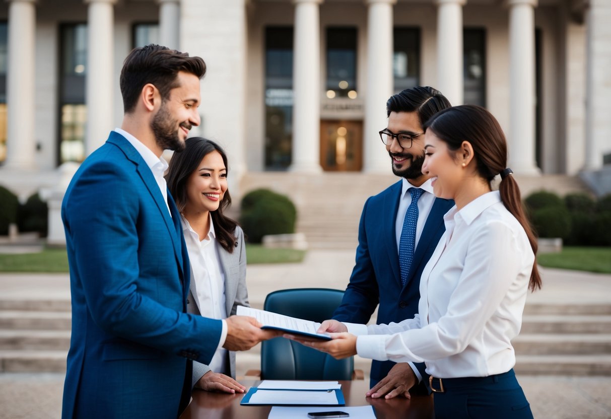 A couple standing in front of a government office, handing over paperwork to a clerk behind a desk