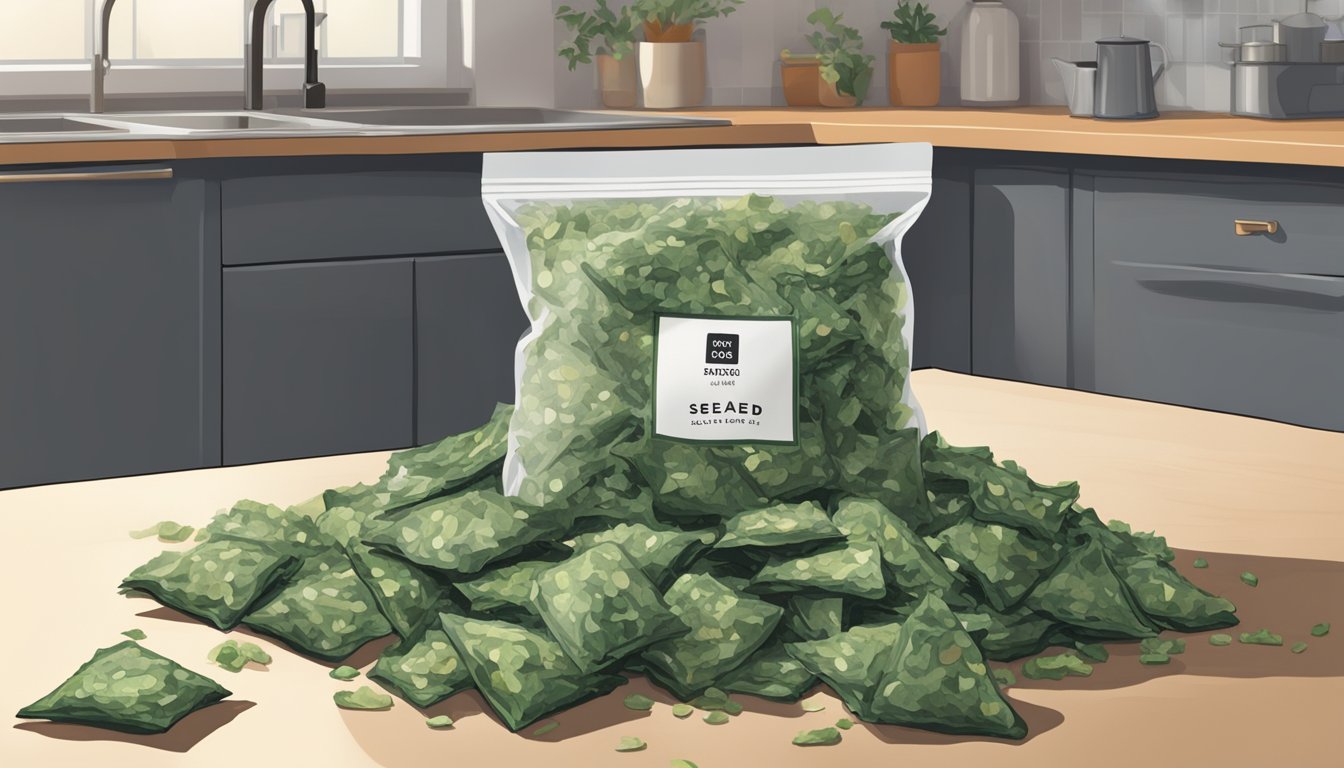 A pile of expired seaweed snacks scattered on a kitchen counter, with a date label showing they have passed their expiration date