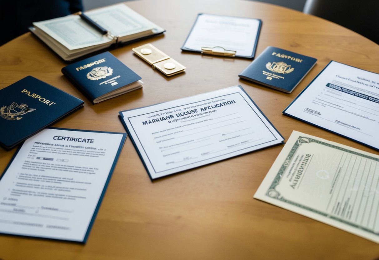 A table with a marriage license application, passport, birth certificate, and other legal documents spread out