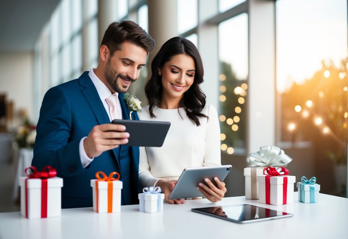 A couple scanning a wedding registry on a tablet with gifts displayed on a table nearby