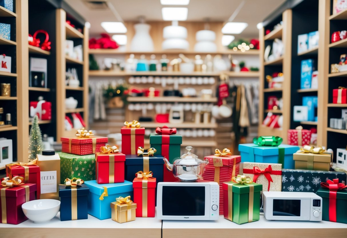 A table with various gift options, including kitchenware, home decor, and electronics, displayed in a store