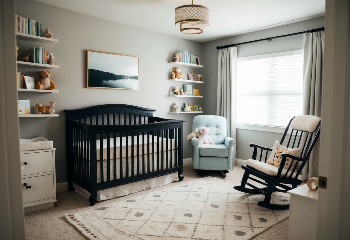 A cozy nursery with a crib, changing table, rocking chair, and shelves of baby books and toys