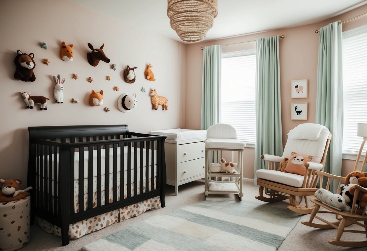 A cozy nursery with a crib, changing table, and rocking chair surrounded by soft pastel walls and playful animal-themed decor