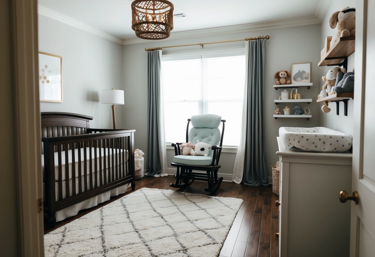 A cozy nursery with a crib, rocking chair, changing table, and shelves filled with baby gear and accessories