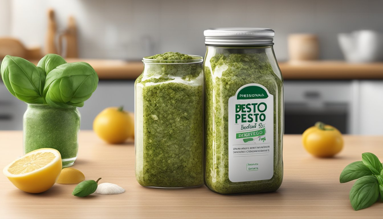 A jar of expired pesto sitting on a kitchen counter, with visible mold and a pungent odor emanating from it