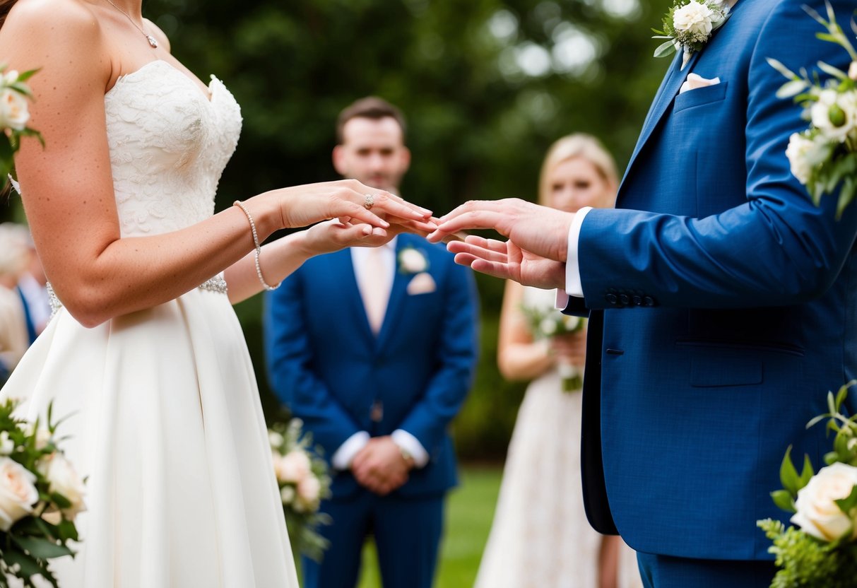A bride and groom stand facing each other, holding out their hands to exchange rings. The setting is a beautiful outdoor wedding ceremony with flowers and greenery