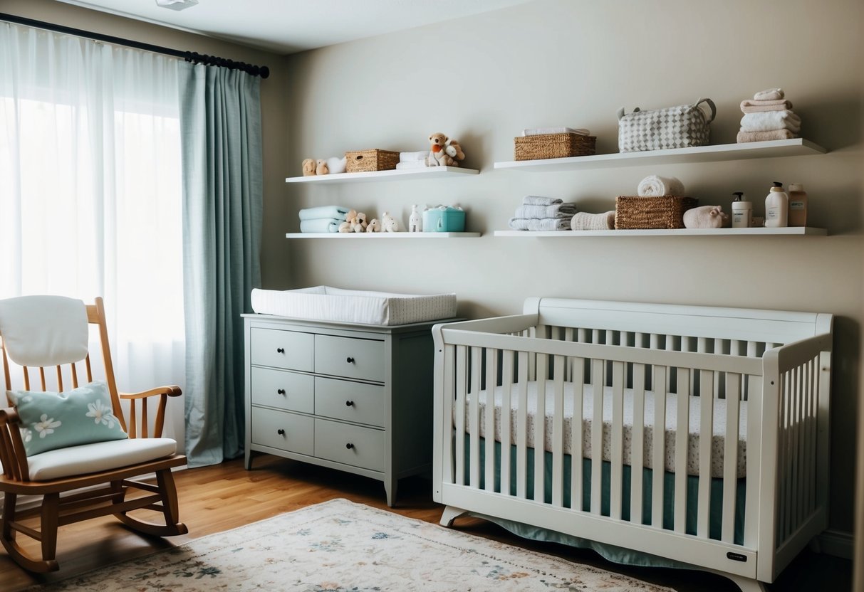 A cozy nursery with a crib, changing table, and rocking chair. Baby clothes and personal care items neatly organized on shelves
