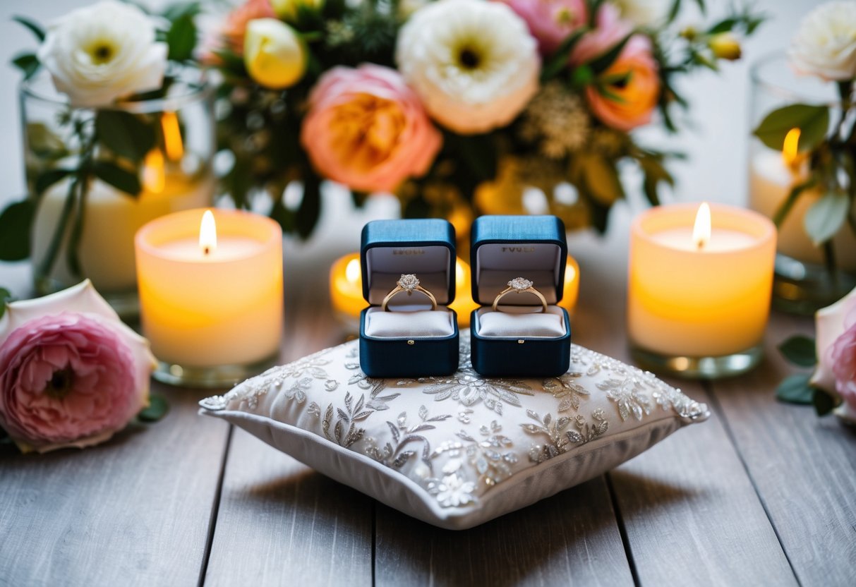 A wedding scene with two ring boxes on a decorative pillow, surrounded by flowers and candles