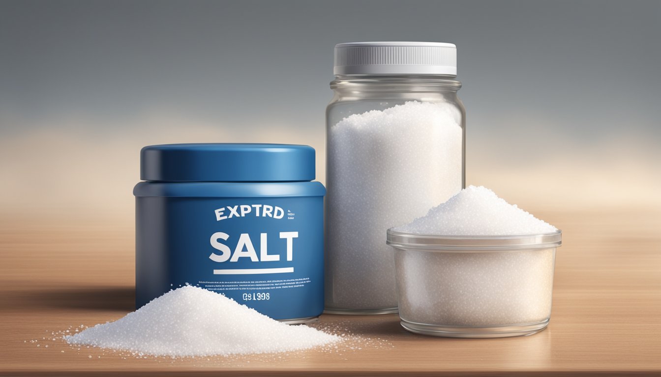 A pile of expired salt sits next to a fresh container. The expired salt appears clumped and discolored, while the fresh salt is pure and white