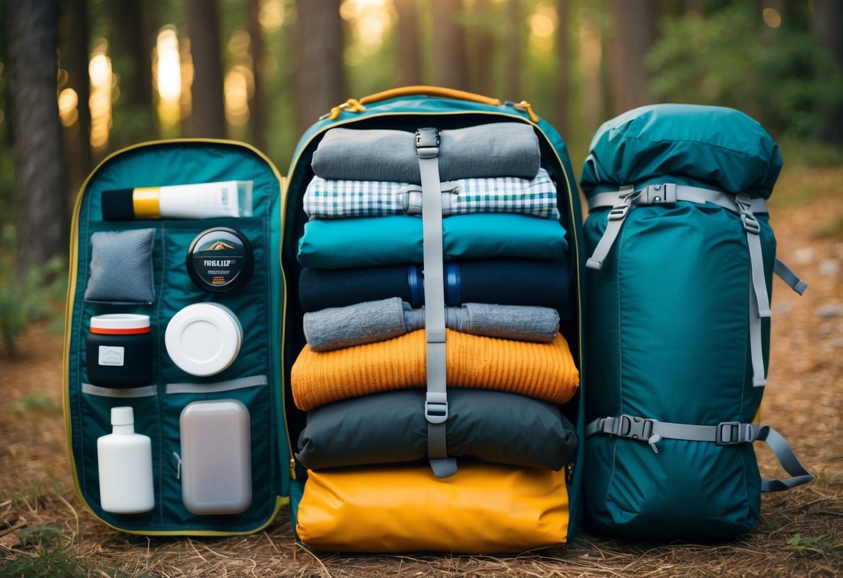 A neatly organized camping backpack with neatly folded clothes, toiletries, and personal items arranged in compartments and pockets