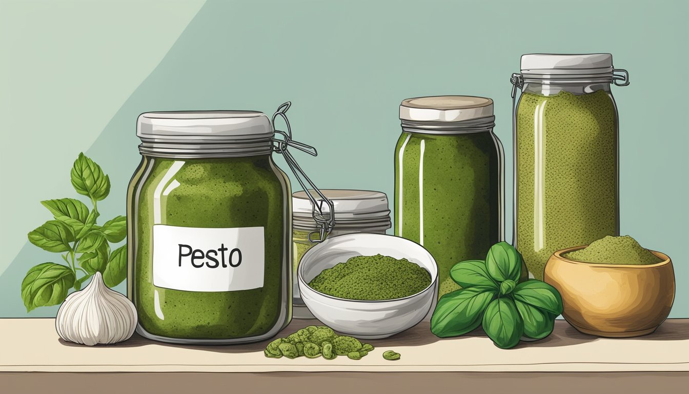 A jar of expired pesto on a dusty shelf, surrounded by other neglected food items