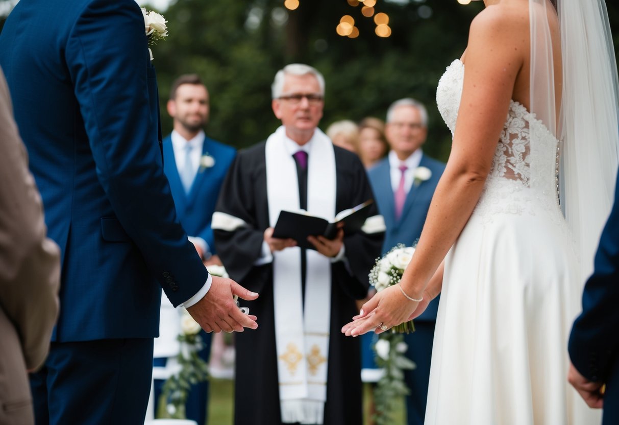 A bride and groom stand facing each other, holding out their hands with open ring boxes. A minister officiates the ceremony, with a crowd of guests watching