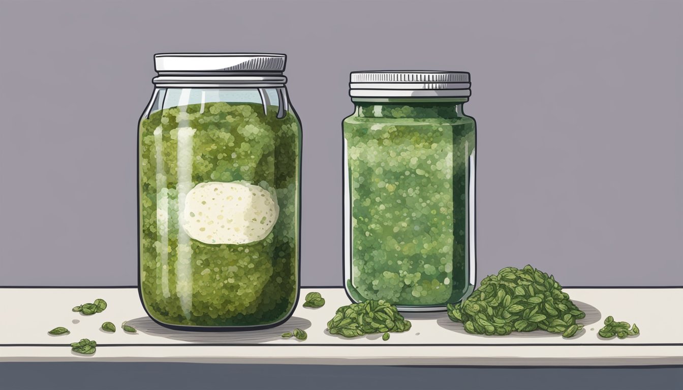 A jar of expired pesto with mold and discoloration, next to a plate of spoiled food