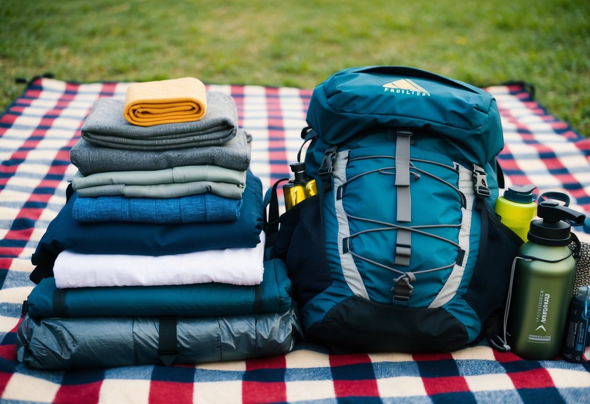 A neatly organized backpack with folded clothes, toiletries, and camping gear laid out on a checkered picnic blanket