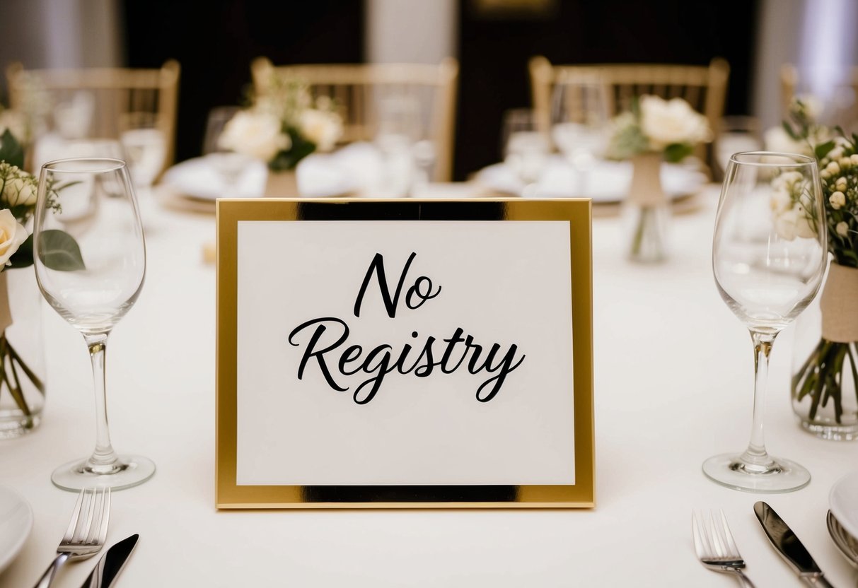 A table with simple, elegant decor and a sign reading "No Registry" displayed prominently