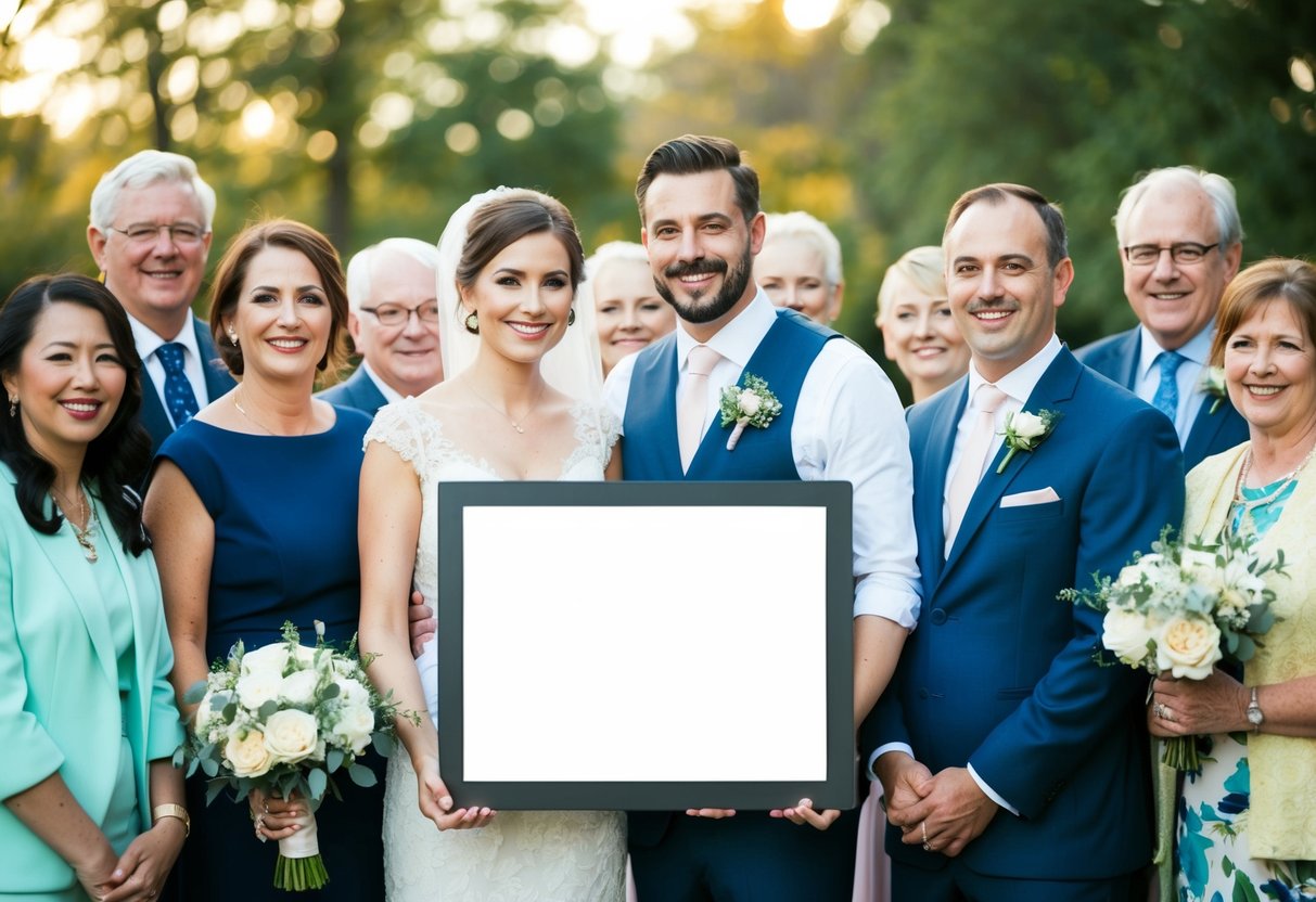 A couple standing together, surrounded by friends and family, with a blank space where a traditional wedding registry would typically be displayed