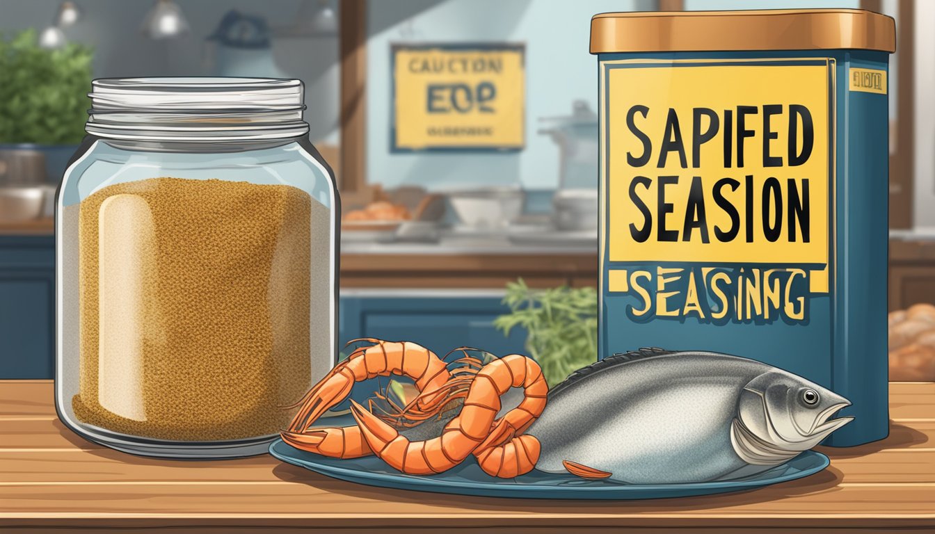 A jar of expired seafood seasoning next to a fresh seafood dish, with a caution sign