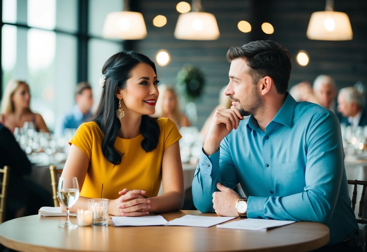 A couple sitting at a table, discussing their wishes for their upcoming event. They are engaged in a thoughtful conversation, with a sense of understanding and mutual respect