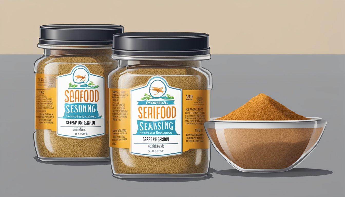 A jar of expired seafood seasoning next to a fresh one, with a visible expiration date and a warning label