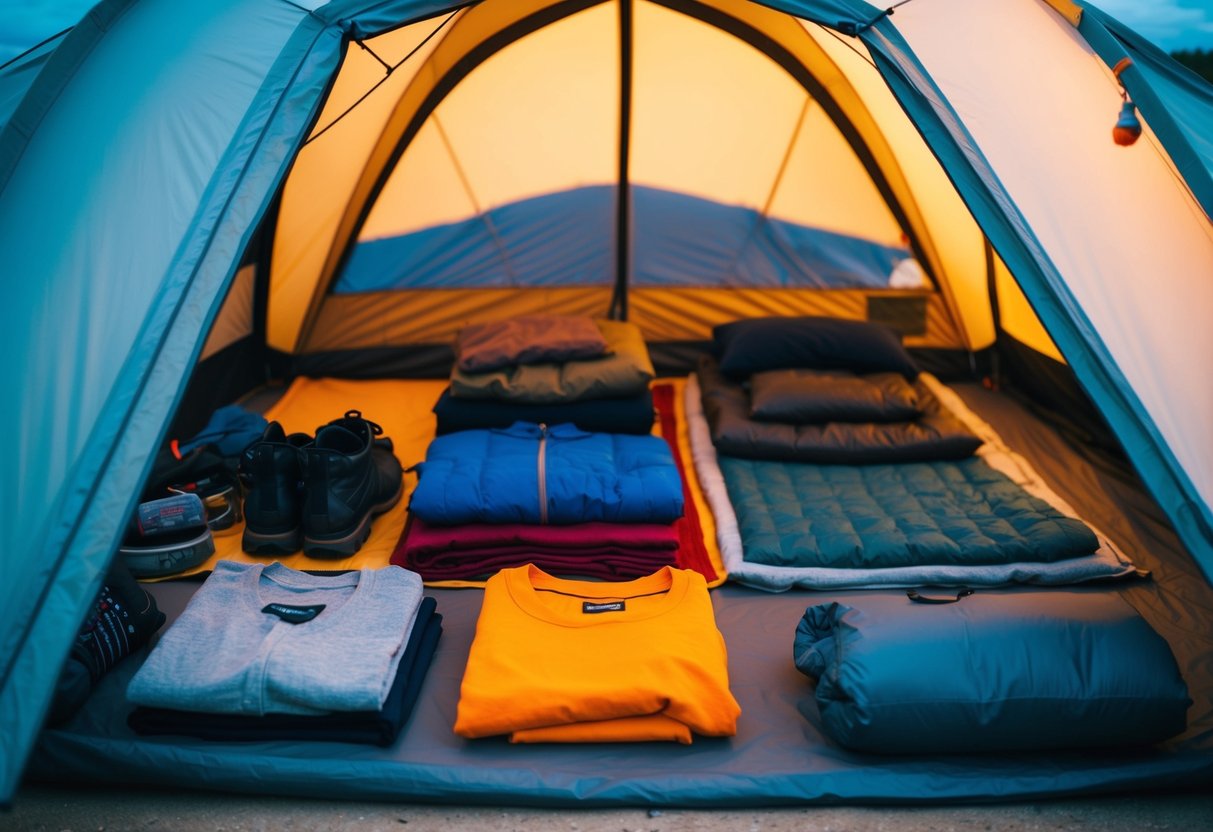 A campsite with a neatly organized shelter, clothing, and personal items laid out in a systematic and efficient manner