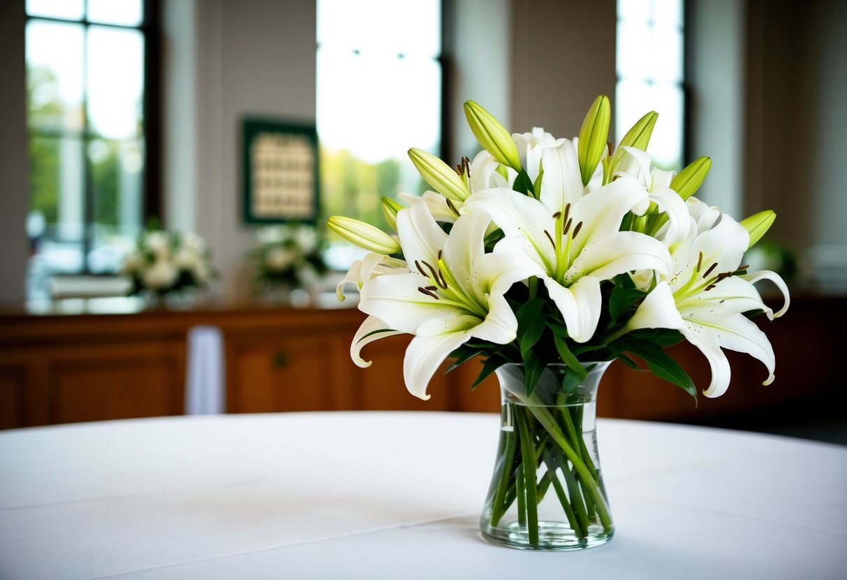 A simple bouquet of white lilies sits on the registry office wedding table
