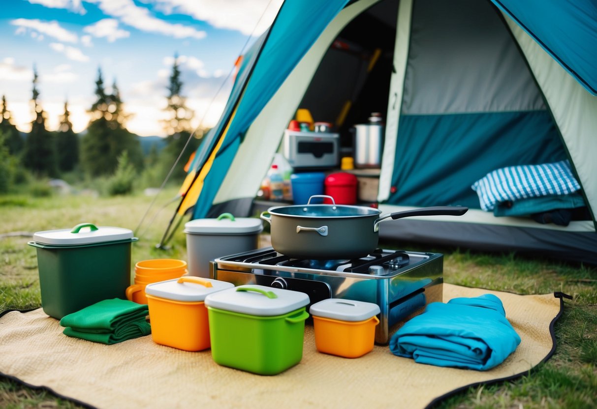 A campsite with a cooking area, food storage containers, and neatly organized clothing and personal items for camping