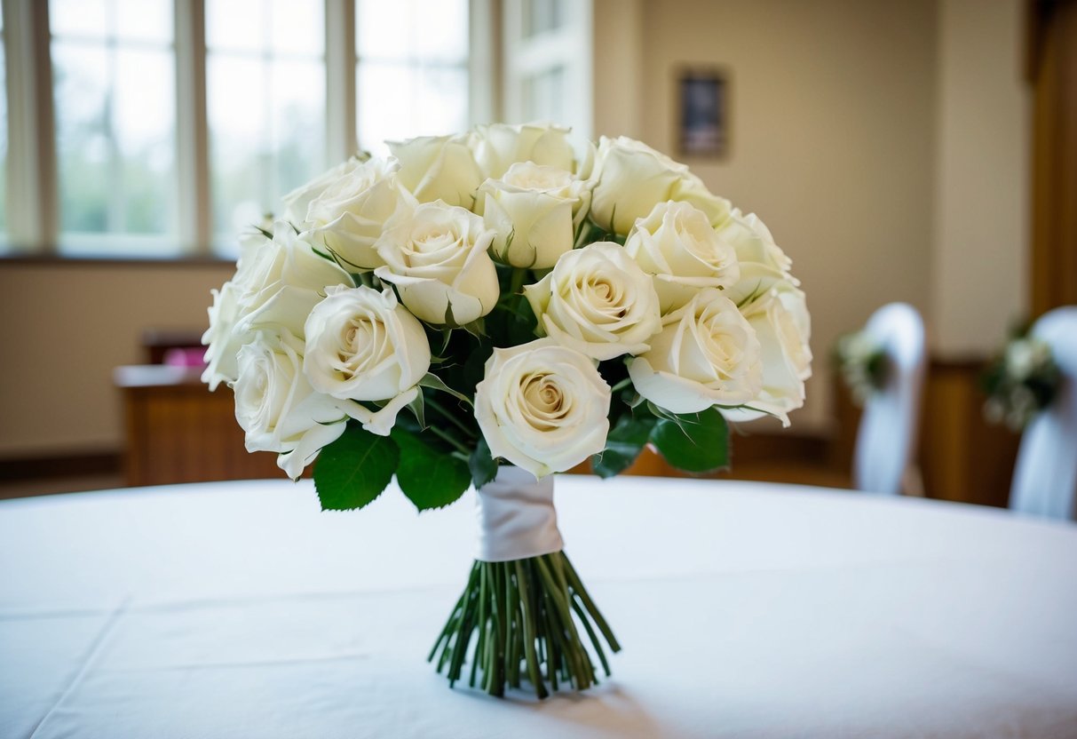 A simple bouquet of white roses sits on the registry office table, adding a touch of elegance to the intimate ceremony