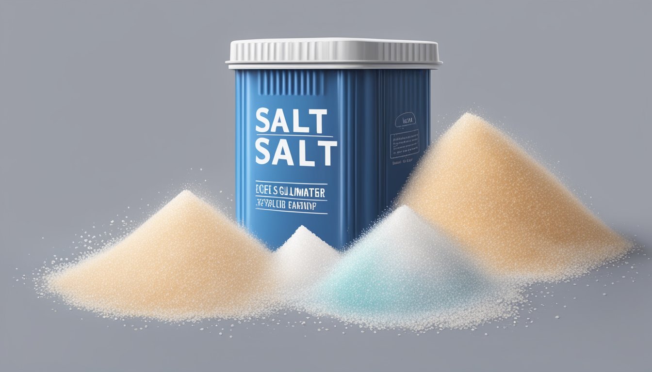 A container of expired salt with visible clumping and discoloration