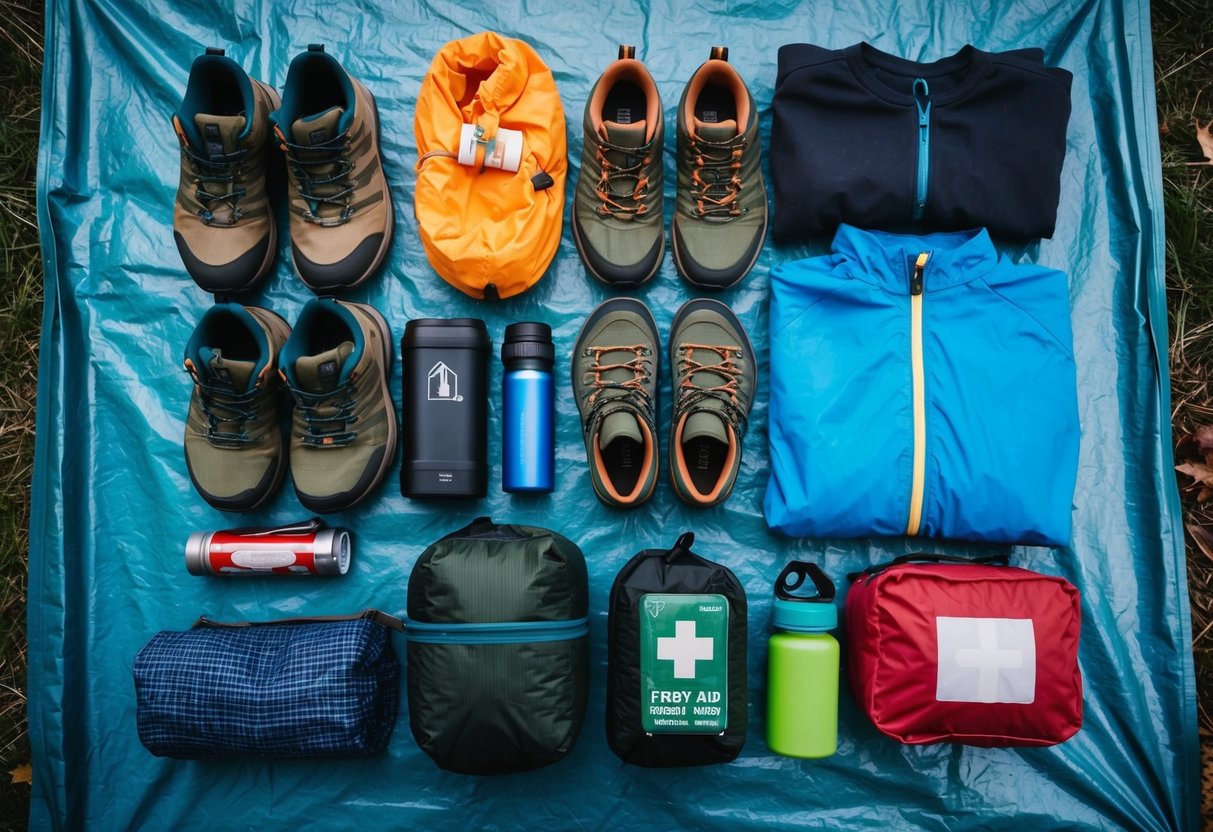 A neatly organized camping gear laid out on a tarp, including clothing, shoes, and personal items such as a flashlight, water bottle, and first aid kit