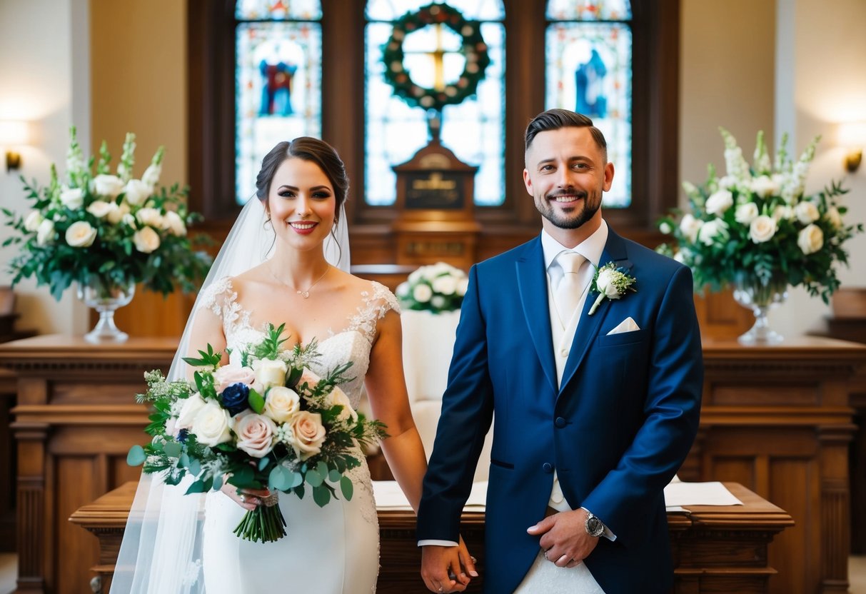 A bride and groom stand at a registry office altar, wearing elegant wedding attire and holding beautiful bouquets of flowers