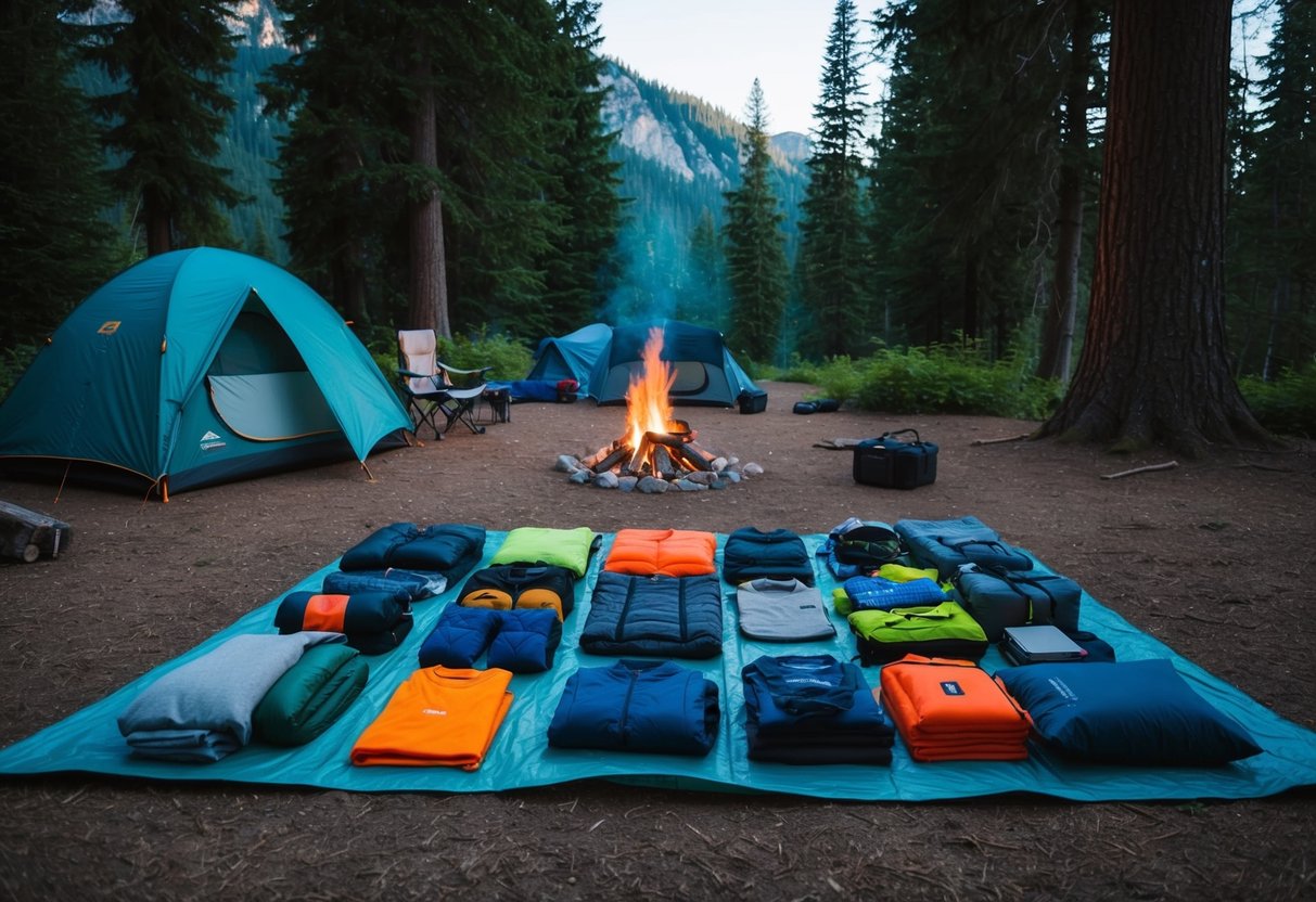 A campsite with a neatly organized array of camping clothing and personal items laid out on a tarp, surrounded by towering trees and a crackling campfire