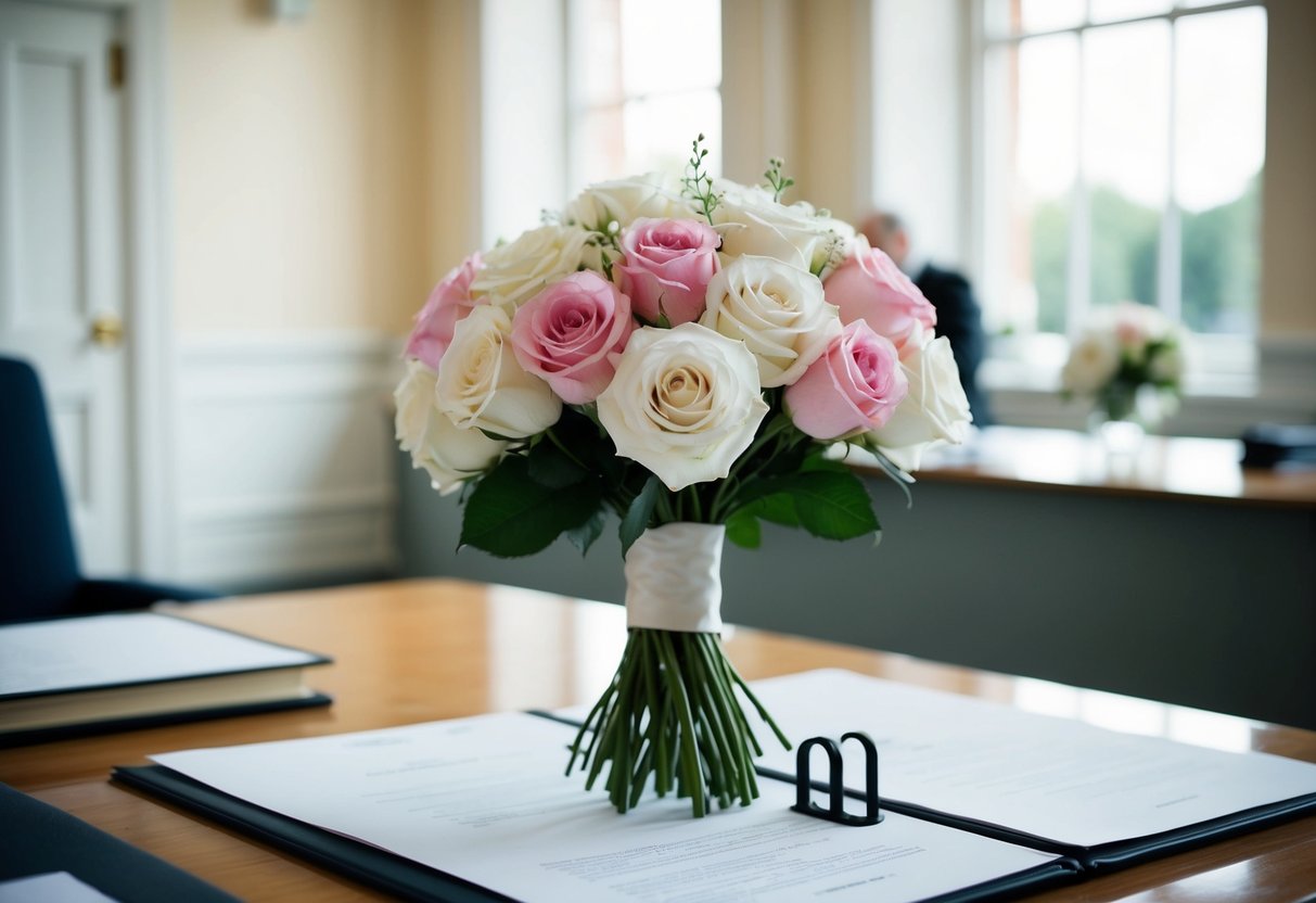 A simple bouquet of white and pink roses sits on the registry office table, adding a touch of elegance to the post-wedding scene