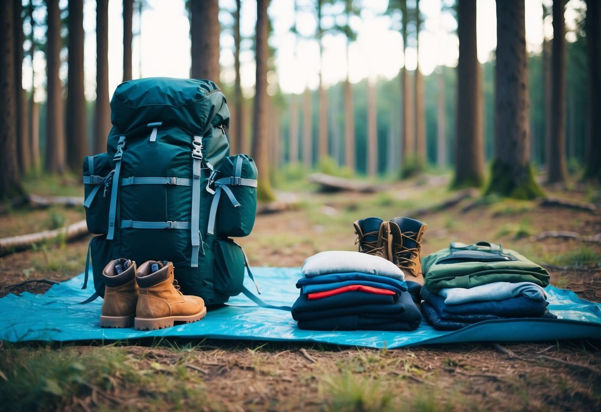 A backpack with neatly packed clothing, boots, and personal items laid out on a tarp in a forest clearing