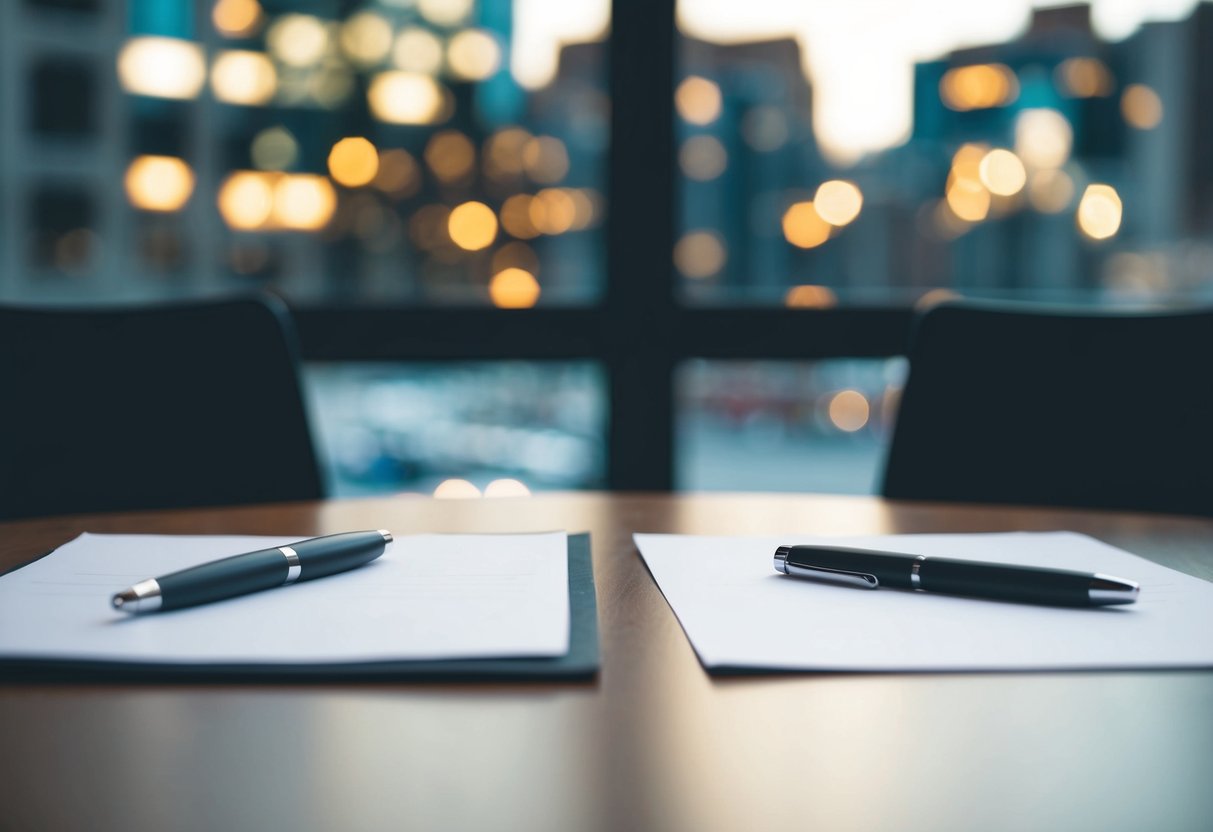 A table set with a pen, paper, and two chairs facing each other