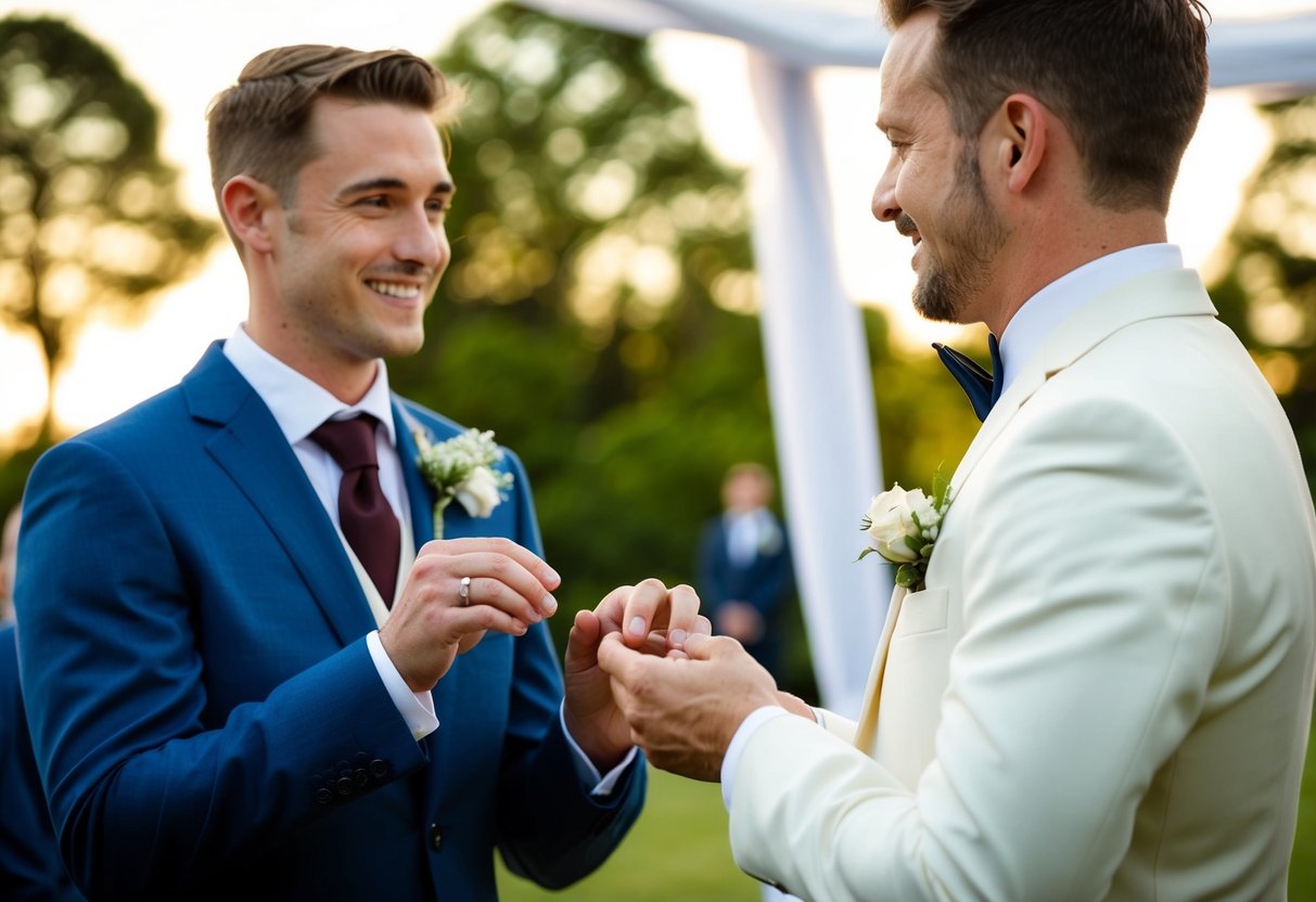 The best man stands beside the groom, holding the wedding rings, ready to witness the marriage ceremony