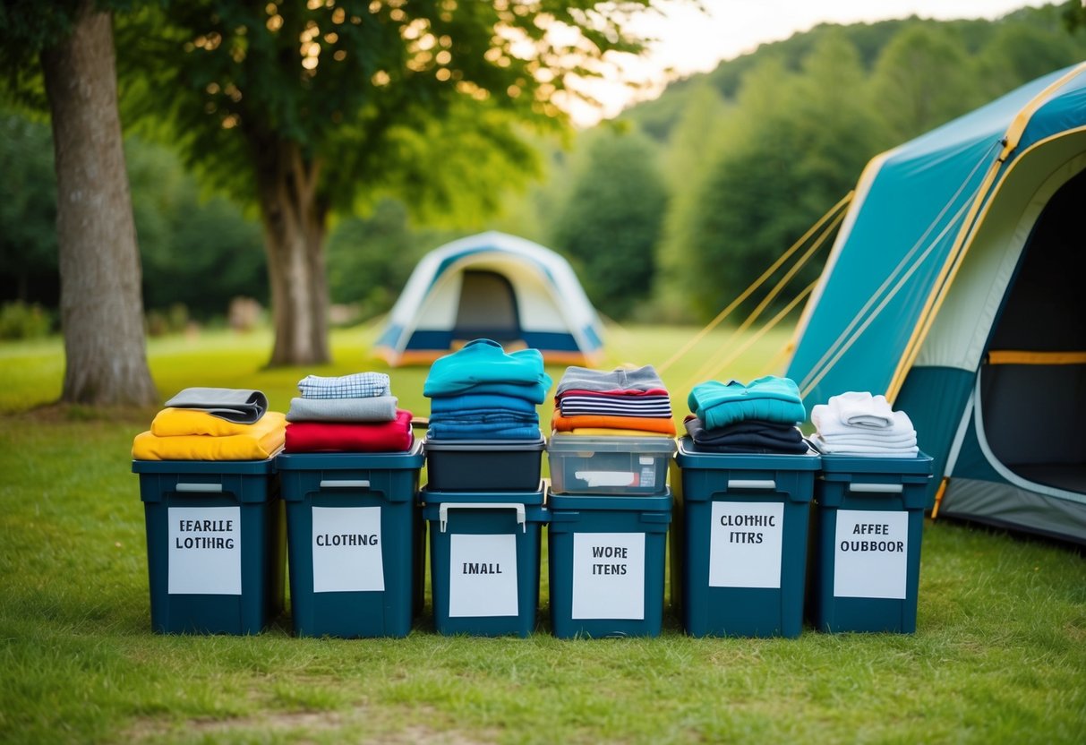 A neatly organized campsite with clothing and personal items neatly stored in labeled containers, ready for leisure and outdoor activities