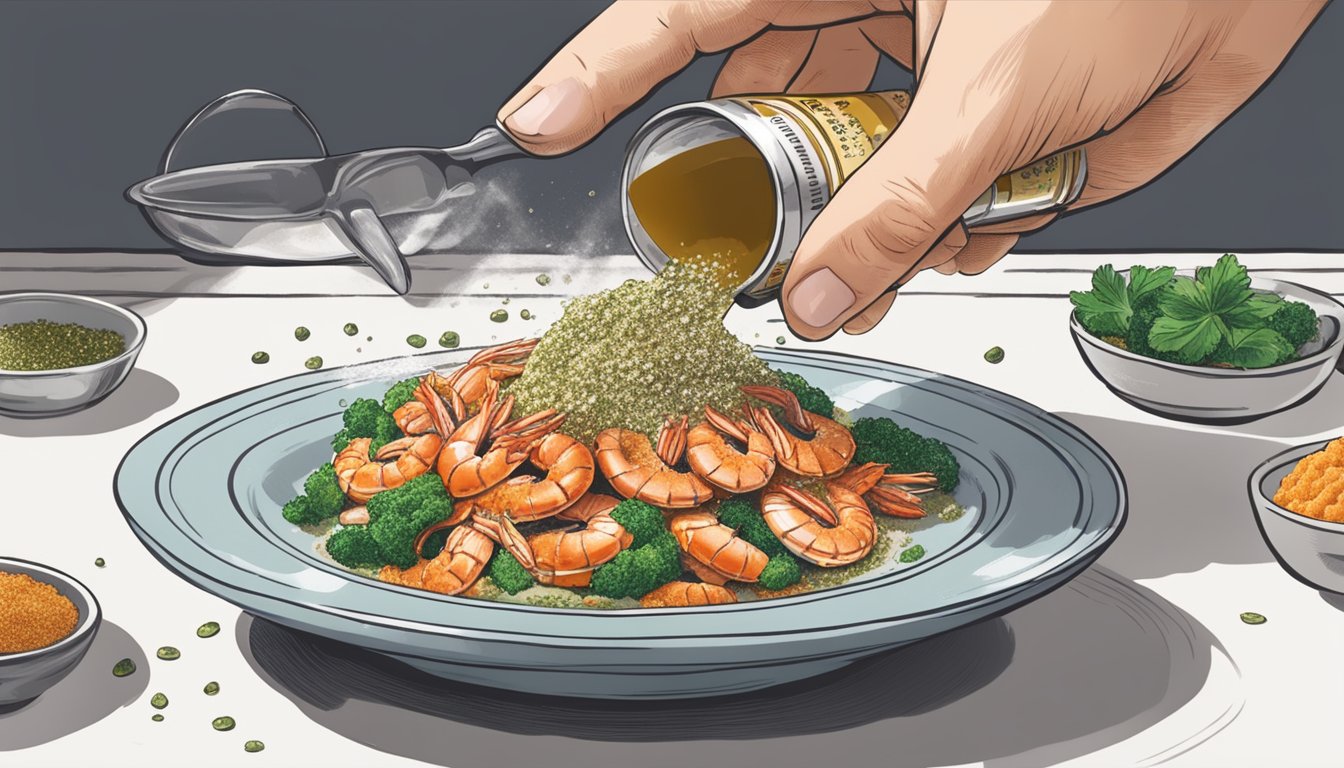 A hand sprinkling expired seafood seasoning onto a dish