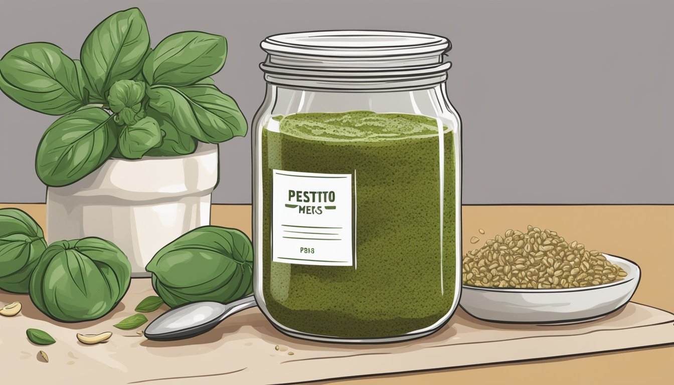 A jar of expired pesto mix sits on a kitchen counter next to fresh basil, garlic, pine nuts, and olive oil