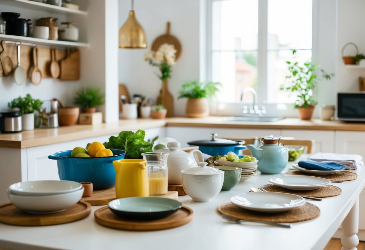A table with various household items, from kitchenware to linens, displayed in an organized manner