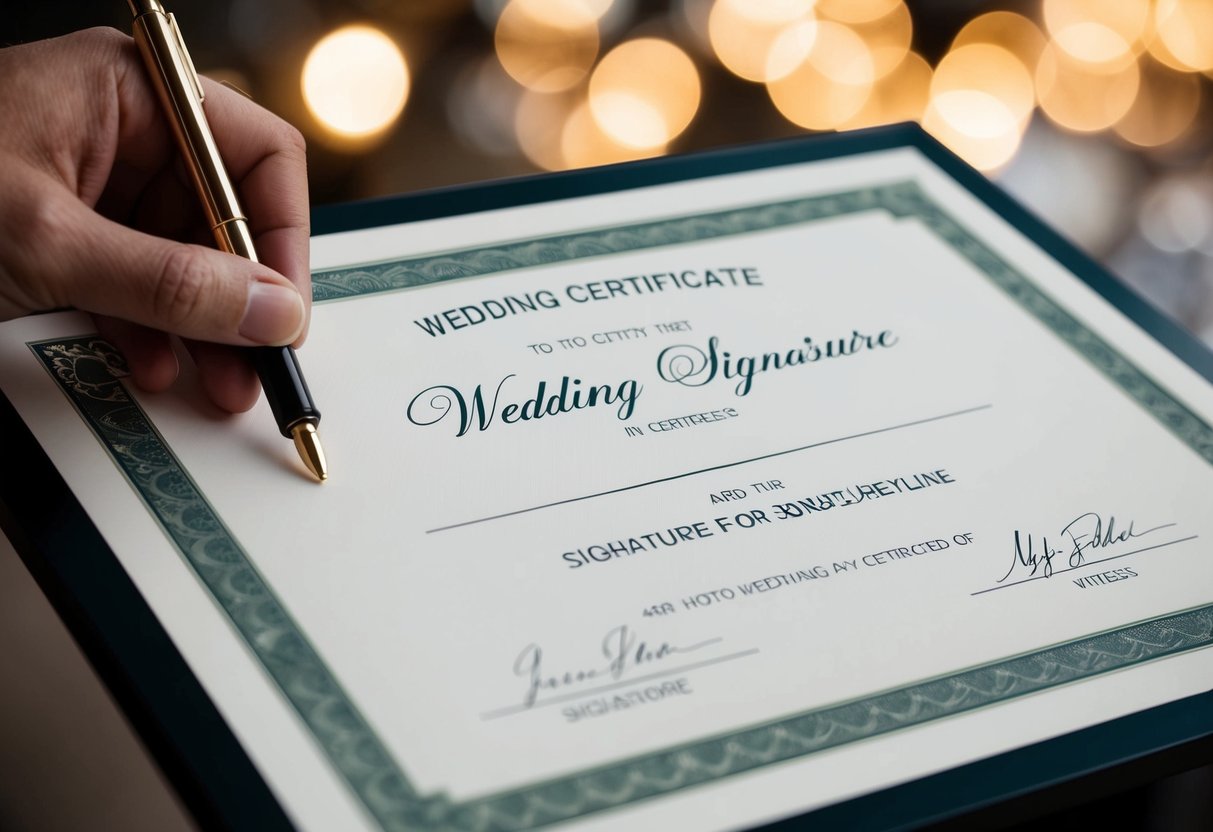 A wedding certificate with a signature line for a witness