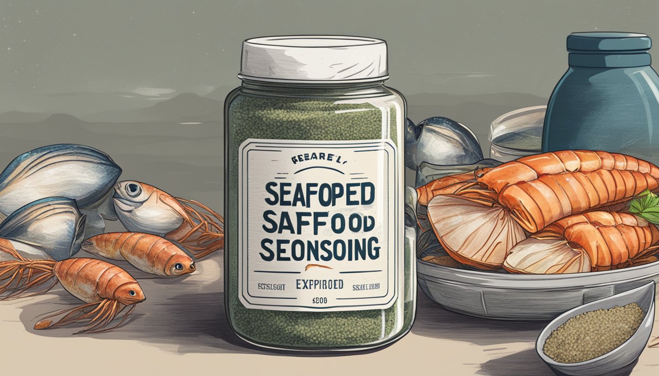 A small jar of expired seafood seasoning sits next to a pile of fresh seafood. The label on the jar is faded, and the contents appear clumped together