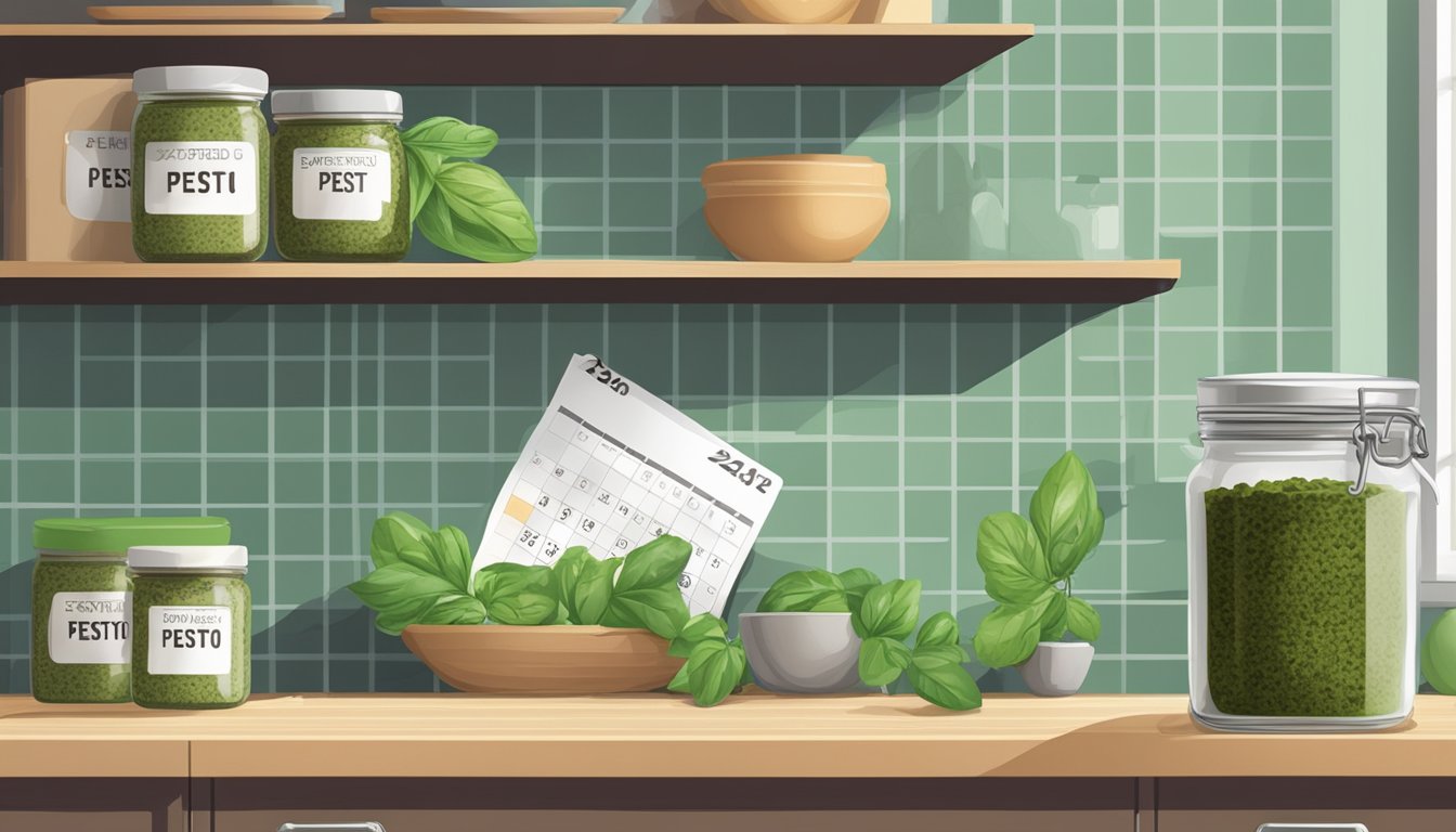 A jar of expired pesto mix sits on a kitchen shelf next to a calendar showing the date it expired