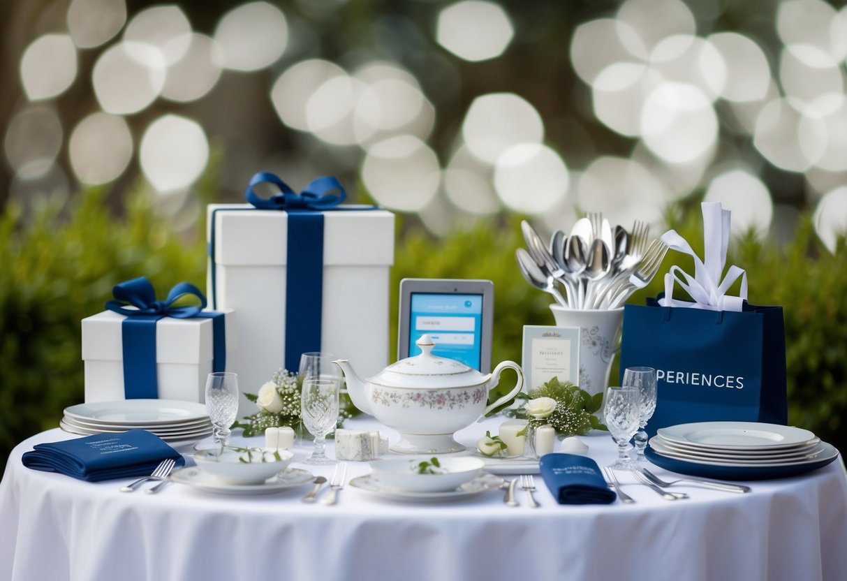 A table with traditional wedding gifts like fine china and silverware, alongside modern items such as smart home gadgets and experiences like travel vouchers