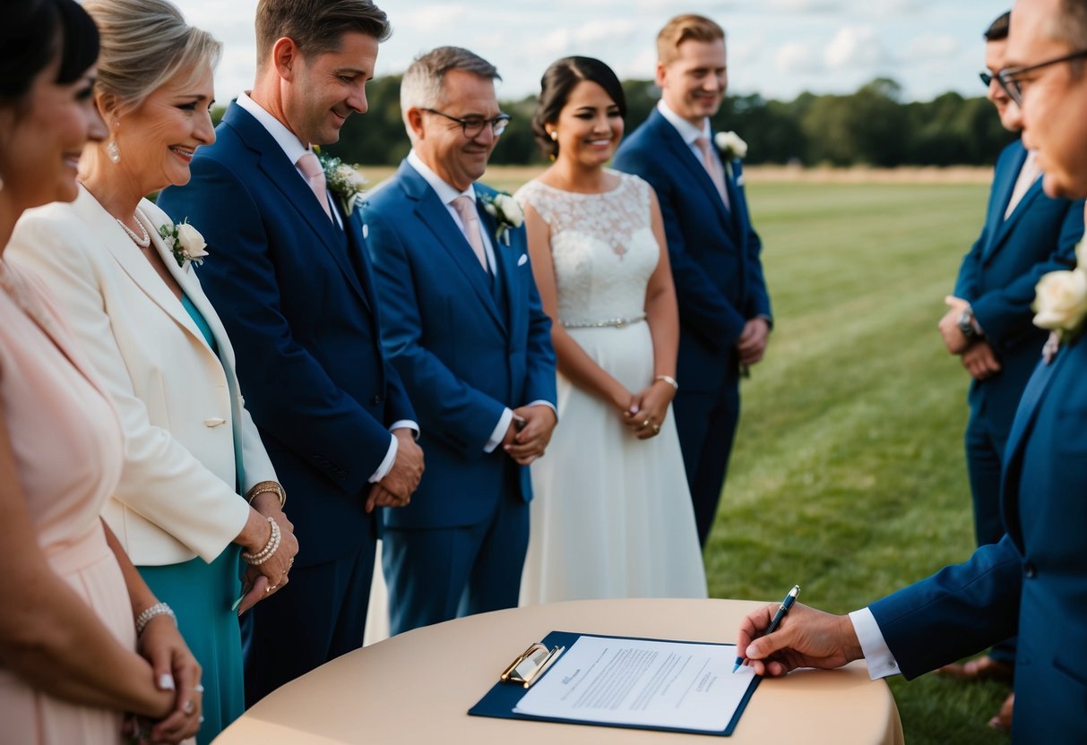 A group of wedding attendees stands in a semi-circle, with one person stepping forward to sign a document