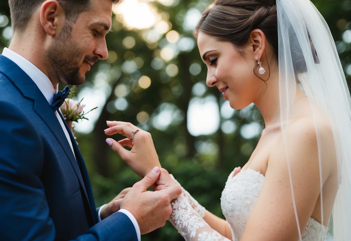 A bride placing a wedding ring on a groom's finger