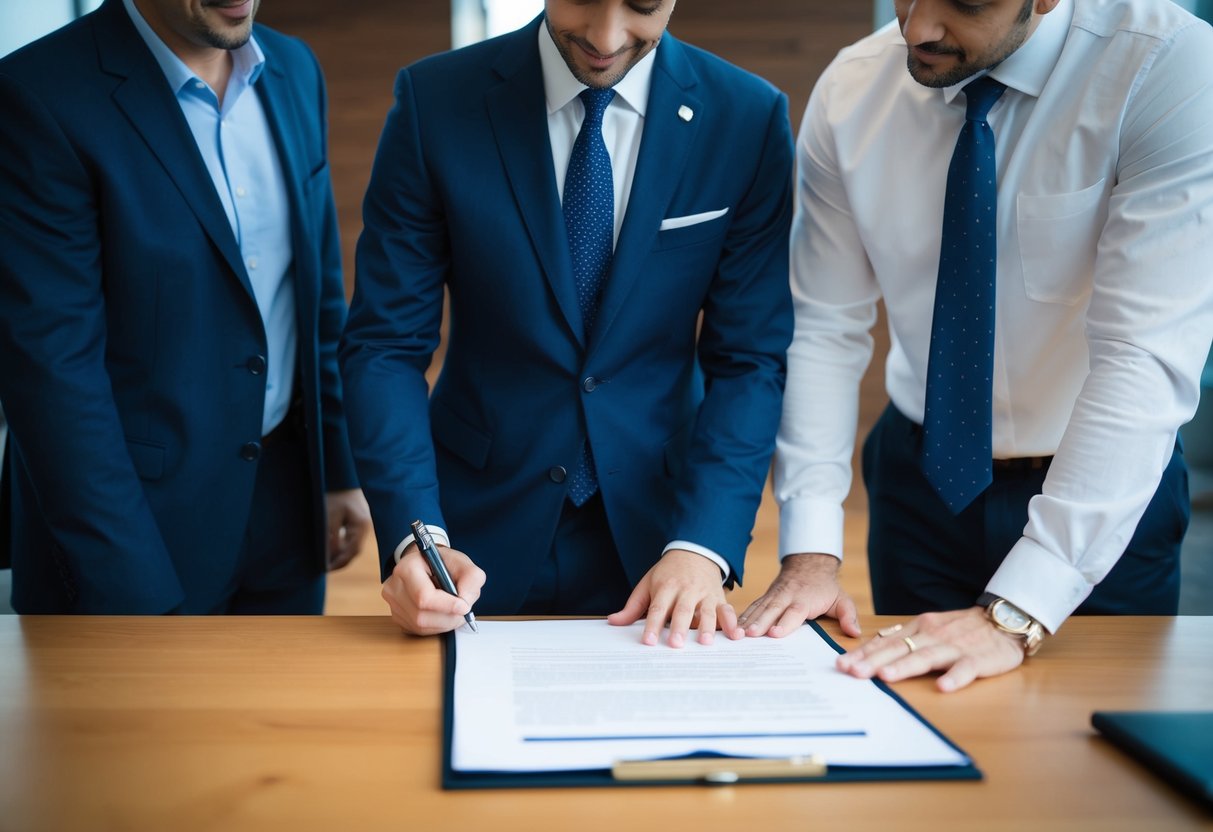 A man stands in front of a table with a pen and paper, while another man looks on. The first man appears to be signing a document, with the second man as a witness