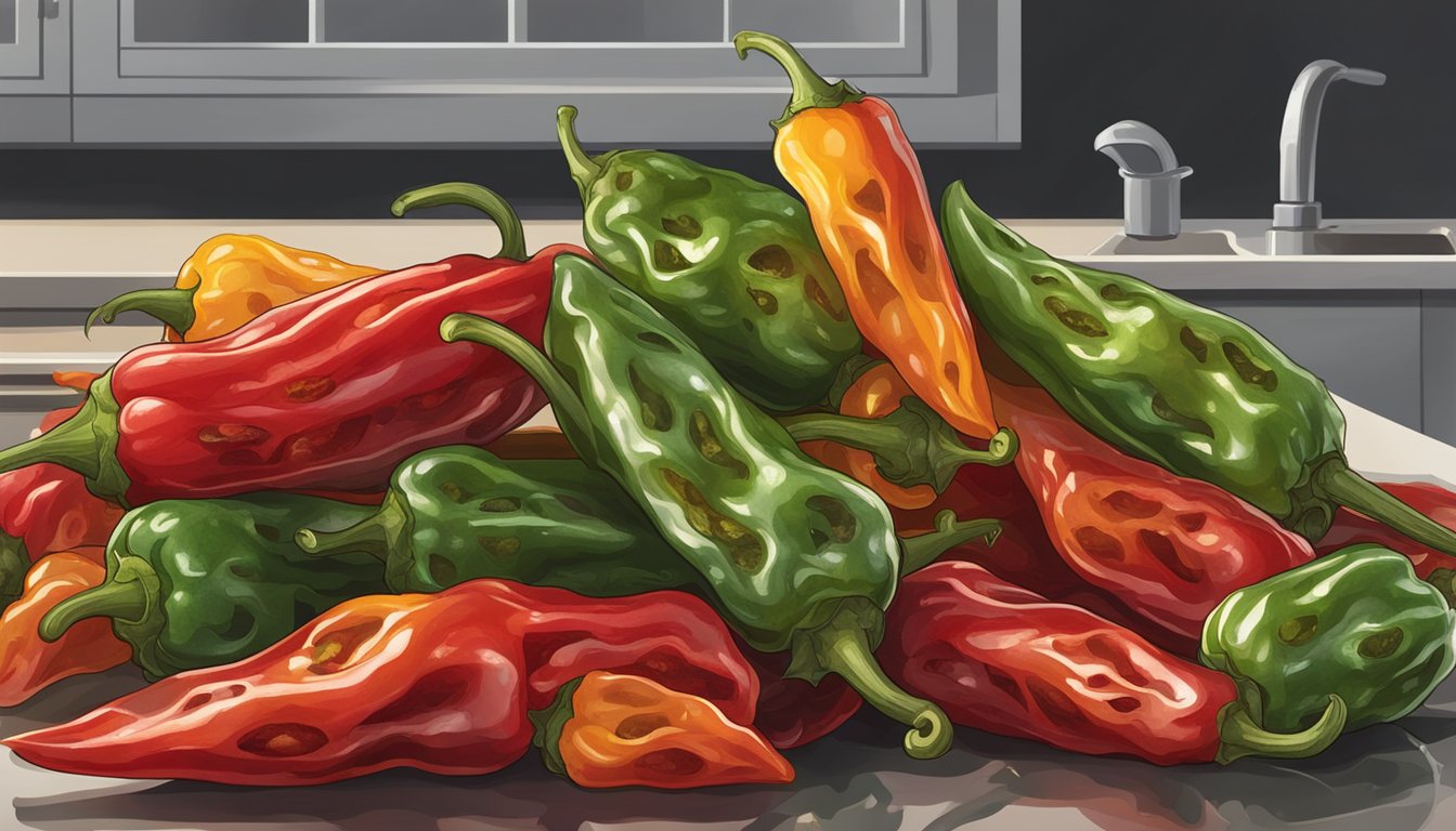 A pile of moldy and shriveled pimento peppers sitting on a kitchen counter