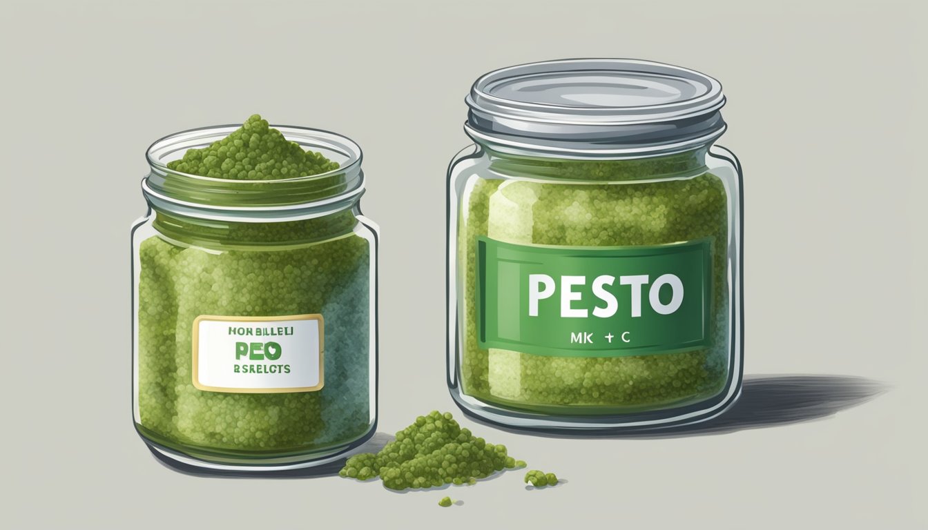 A jar of pesto mix with mold and a foul odor, next to a fresh, unopened jar